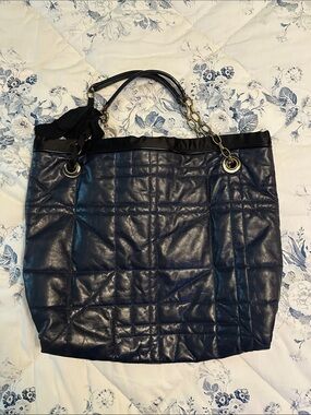 Lanvin Quilted Navy Lambskin Amalia Tote with Gold Chain Handles